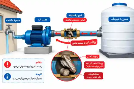 خرابی شیر یک‌طرفه و برگشت آب به سمت مخزن
